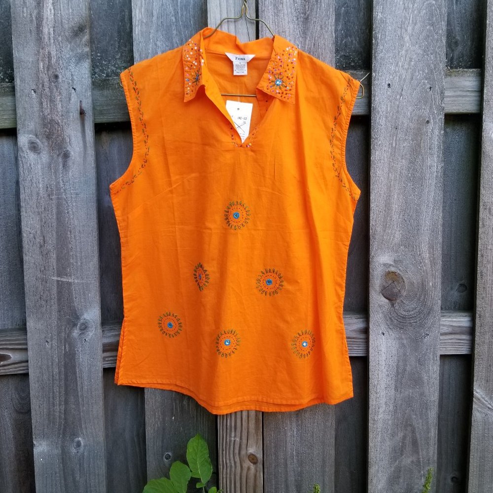 Fiona Orange 100% Cotton Jeweled Shirt XL Tunic